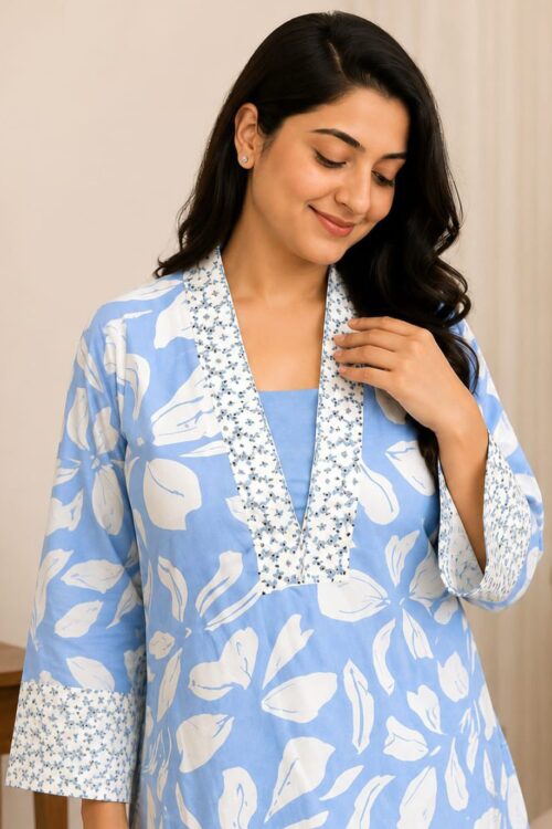 Blue Self Textured & Printed Cord Set for Women
